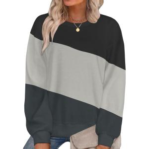 imageCHICGAL Sweatshirt for Women Long Sleeve Shirts Crewneck Color Block Loose Fit Pullover Fall TopsBlack Gray Charcoal