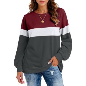 imageCHICGAL Sweatshirt for Women Long Sleeve Shirts Crewneck Color Block Loose Fit Pullover Fall TopsDark Red Charcoal