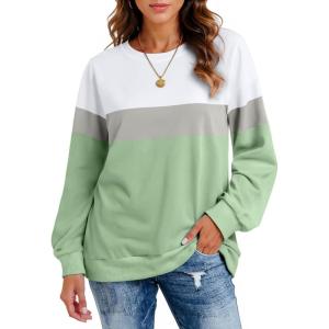 imageCHICGAL Sweatshirt for Women Long Sleeve Shirts Crewneck Color Block Loose Fit Pullover Fall TopsGreen Gray
