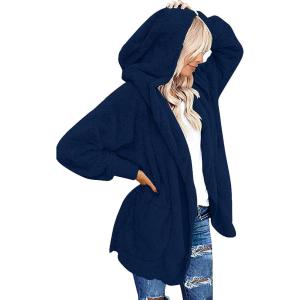 imageCHICGAL Womens Fuzzy Jacket Hooded Cardigan Open Front Sherpa Coat Outwear with PocketsNavy Blue
