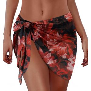 imageSwimsuit Coverups for Women Sarong Beach Bikini Wrap Sheer Short Skirt Chiffon Scarf for SwimwearDeep Red Flowers