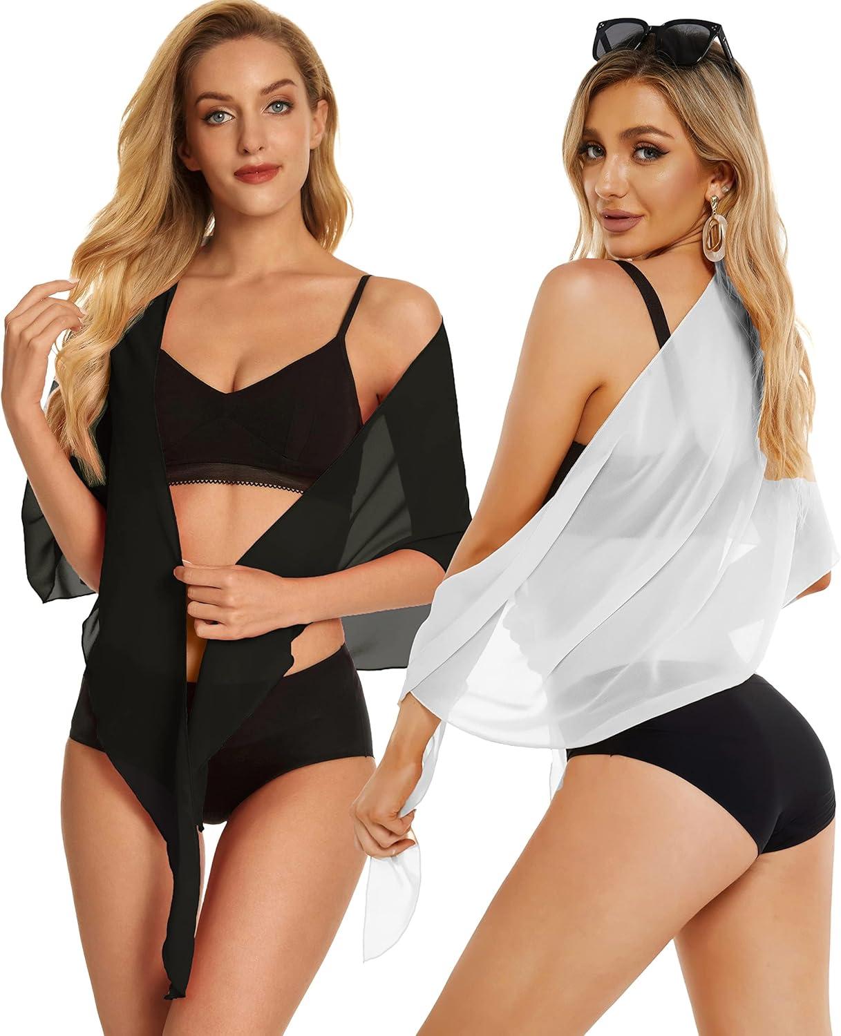 imageCHICGAL 2 Pieces Women Beach Sarong Bathing Suit Wrap Skirt Sheer Bikini Swimsuit Cover Ups for SwimwearA White and Black