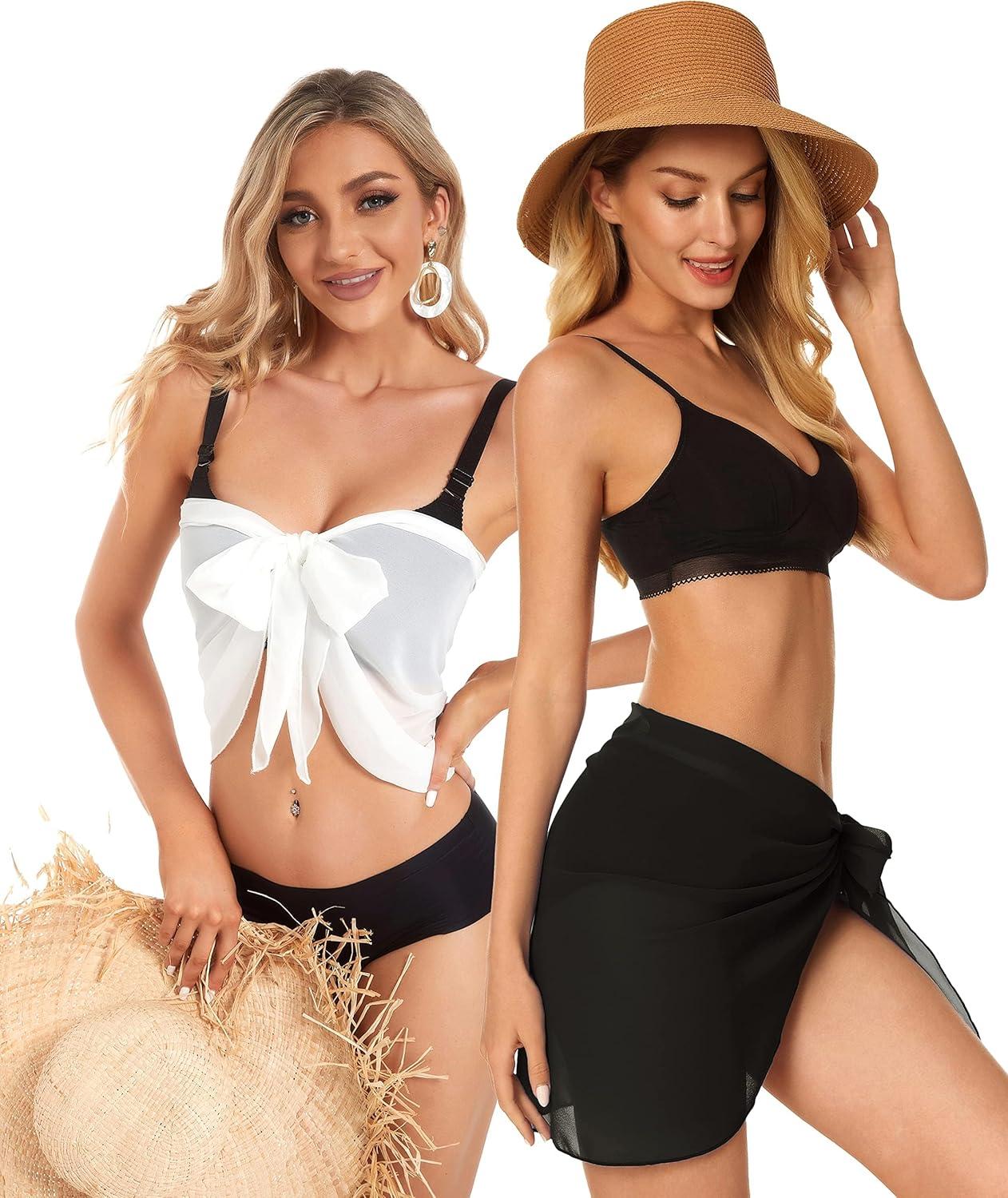 imageCHICGAL 2 Pieces Women Beach Sarong Bathing Suit Wrap Skirt Sheer Bikini Swimsuit Cover Ups for SwimwearA White and Black