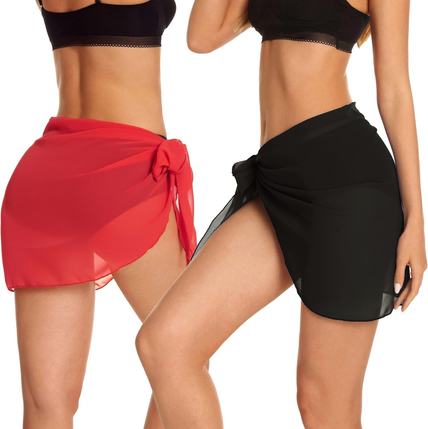 imageCHICGAL 2 Pieces Women Beach Sarong Bathing Suit Wrap Skirt Sheer Bikini Swimsuit Cover Ups for SwimwearBlack  Bright Red