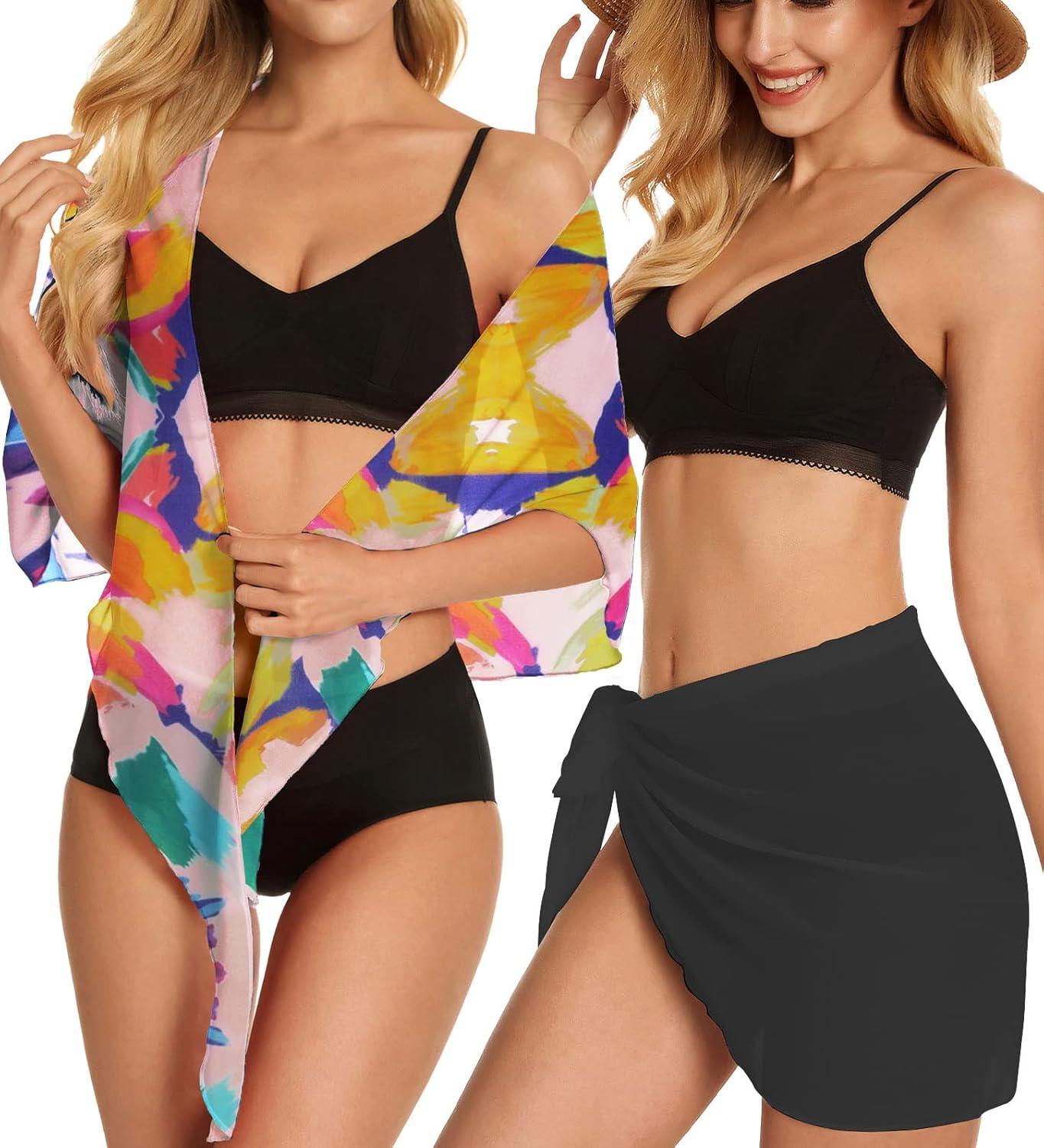imageCHICGAL 2 Pieces Women Beach Sarong Bathing Suit Wrap Skirt Sheer Bikini Swimsuit Cover Ups for SwimwearBlack  Colorful Paint