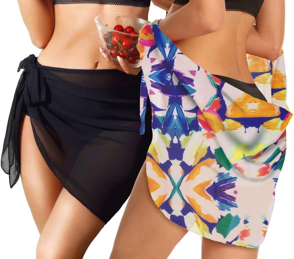 imageCHICGAL 2 Pieces Women Beach Sarong Bathing Suit Wrap Skirt Sheer Bikini Swimsuit Cover Ups for SwimwearBlack  Colorful Paint