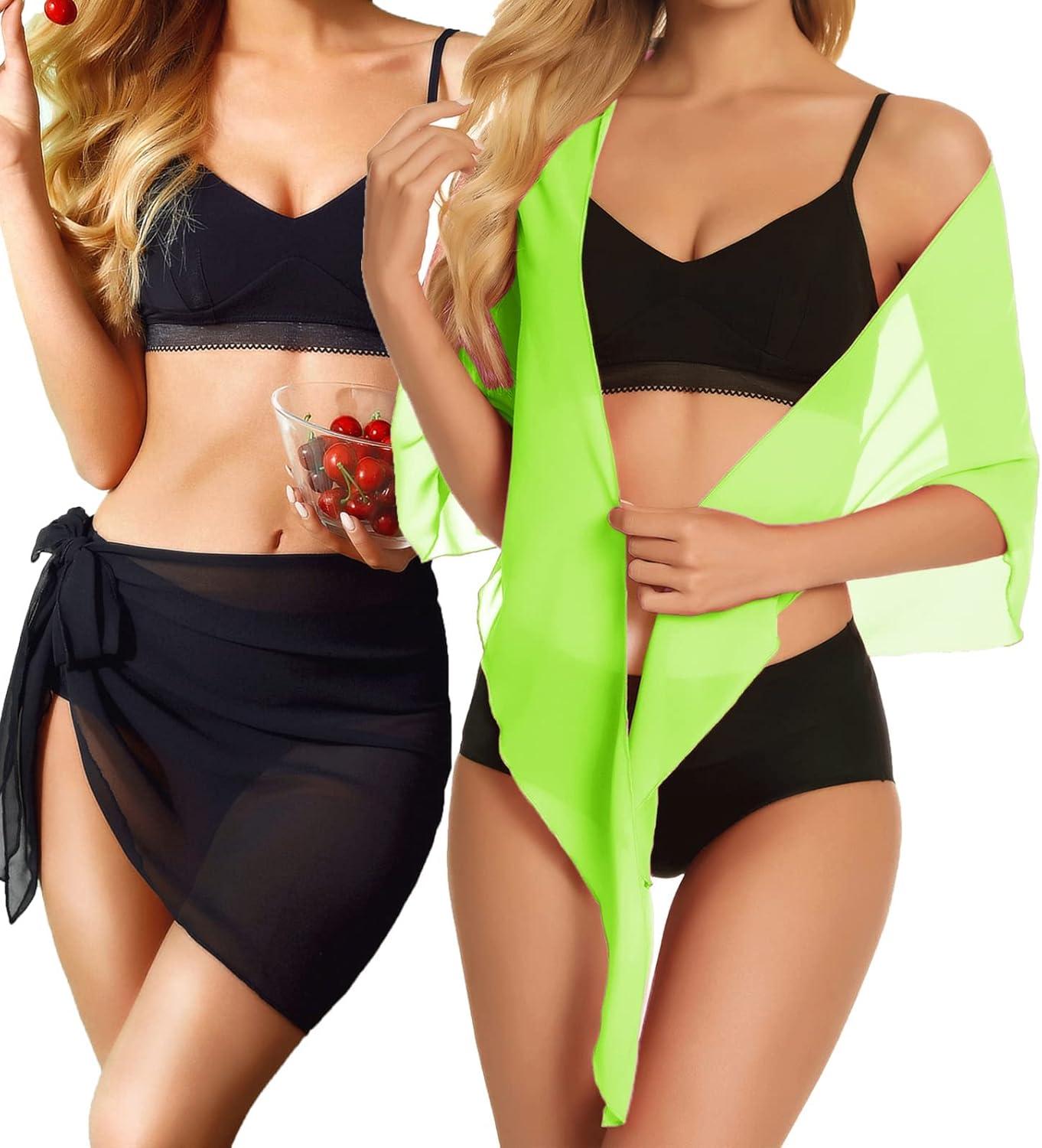 imageCHICGAL 2 Pieces Women Beach Sarong Bathing Suit Wrap Skirt Sheer Bikini Swimsuit Cover Ups for SwimwearBlack  Fluorescent Green