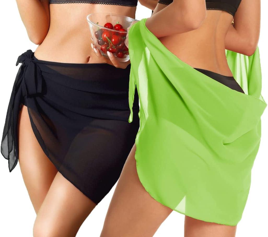 imageCHICGAL 2 Pieces Women Beach Sarong Bathing Suit Wrap Skirt Sheer Bikini Swimsuit Cover Ups for SwimwearBlack  Fluorescent Green