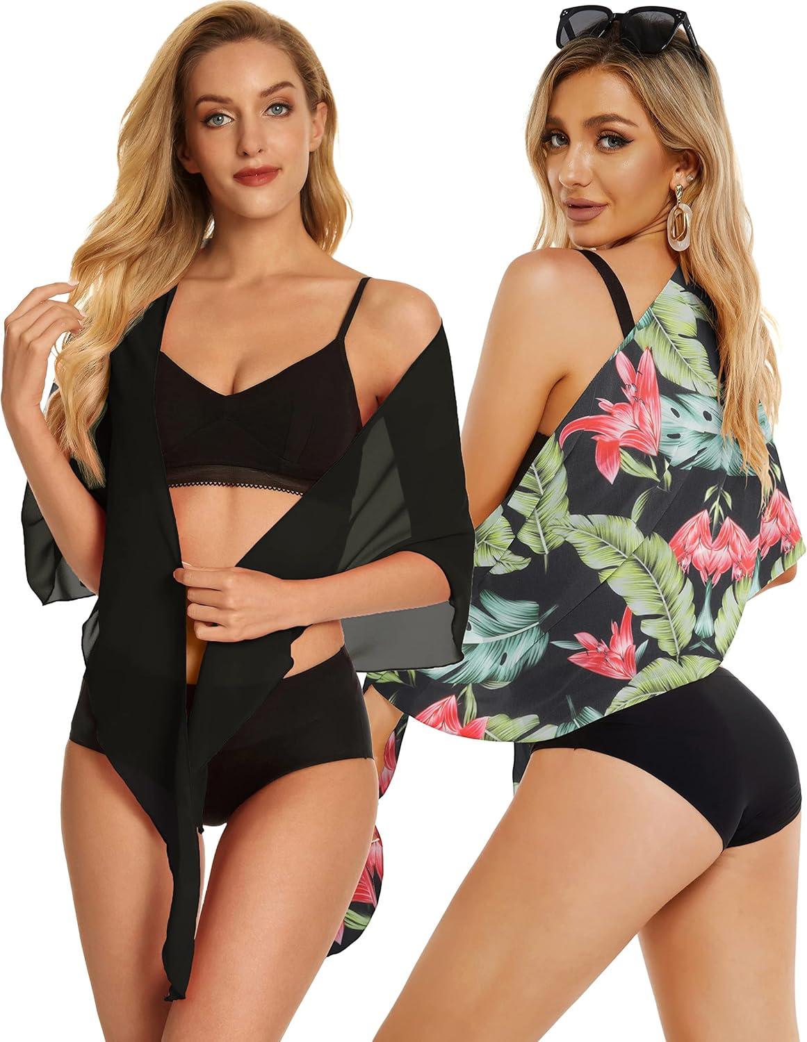 imageCHICGAL 2 Pieces Women Beach Sarong Bathing Suit Wrap Skirt Sheer Bikini Swimsuit Cover Ups for SwimwearBlack  Green Vintage Leaf