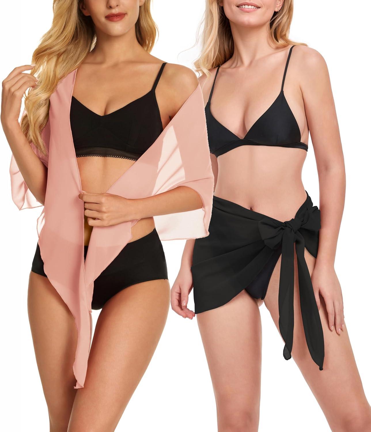 imageCHICGAL 2 Pieces Women Beach Sarong Bathing Suit Wrap Skirt Sheer Bikini Swimsuit Cover Ups for SwimwearBlack  Orange Pink