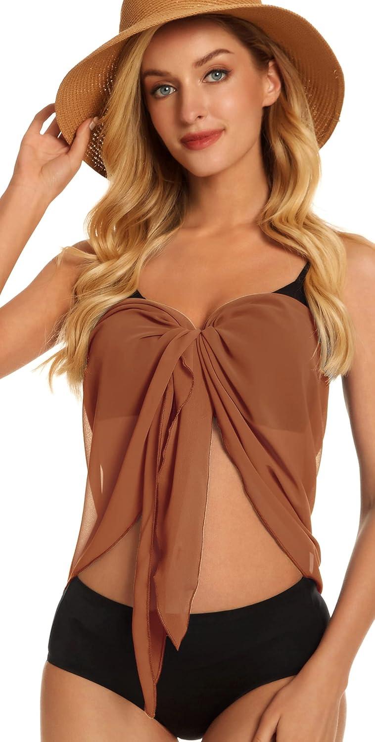 imageCHICGAL 2 Pieces Women Beach Sarong Bathing Suit Wrap Skirt Sheer Bikini Swimsuit Cover Ups for SwimwearBlack Brown