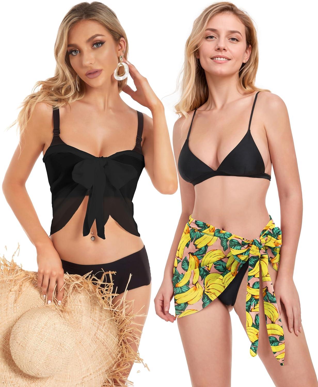 imageCHICGAL 2 Pieces Women Beach Sarong Bathing Suit Wrap Skirt Sheer Bikini Swimsuit Cover Ups for SwimwearBlack and Banana Pink