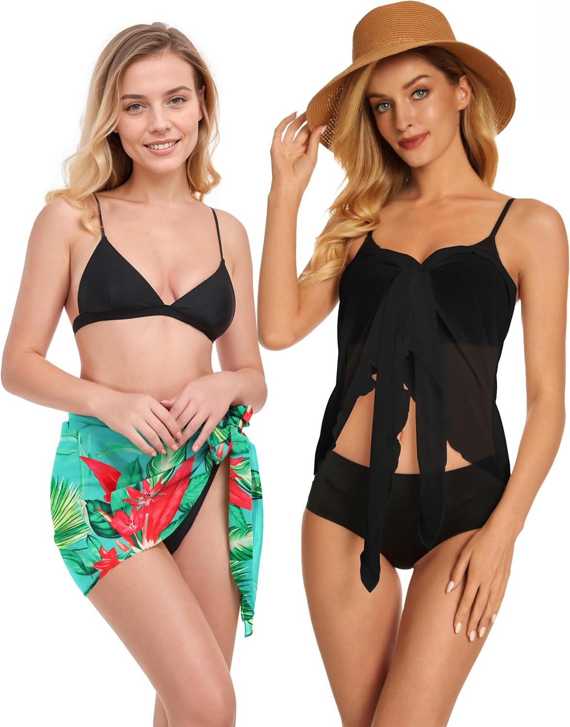 imageCHICGAL 2 Pieces Women Beach Sarong Bathing Suit Wrap Skirt Sheer Bikini Swimsuit Cover Ups for SwimwearBlack and Blue Green