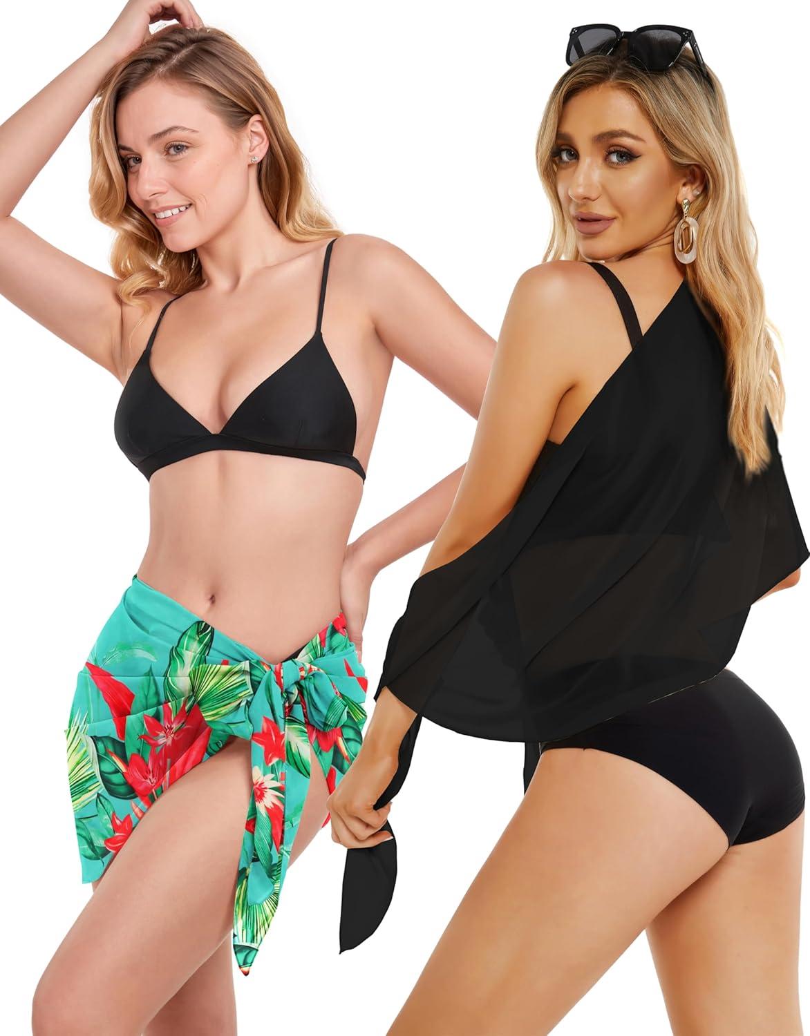 imageCHICGAL 2 Pieces Women Beach Sarong Bathing Suit Wrap Skirt Sheer Bikini Swimsuit Cover Ups for SwimwearBlack and Blue Green