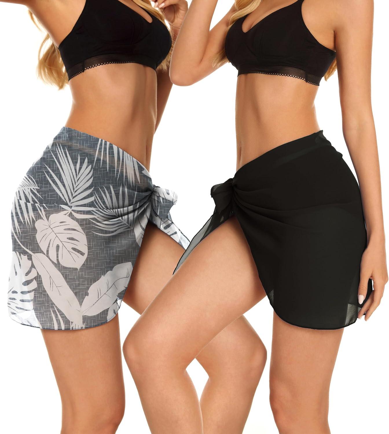 imageCHICGAL 2 Pieces Women Beach Sarong Bathing Suit Wrap Skirt Sheer Bikini Swimsuit Cover Ups for SwimwearBlack and Grey Leaf