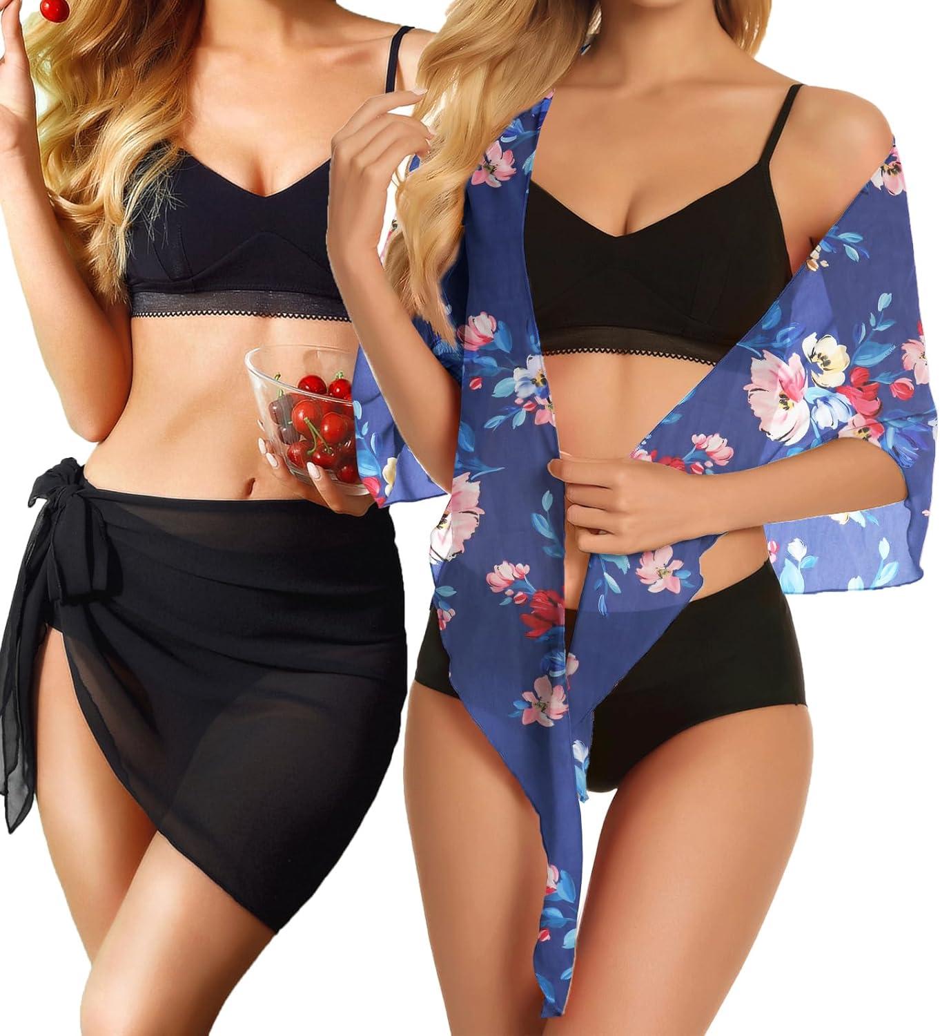 imageCHICGAL 2 Pieces Women Beach Sarong Bathing Suit Wrap Skirt Sheer Bikini Swimsuit Cover Ups for SwimwearBlack and Pink Navy Blue