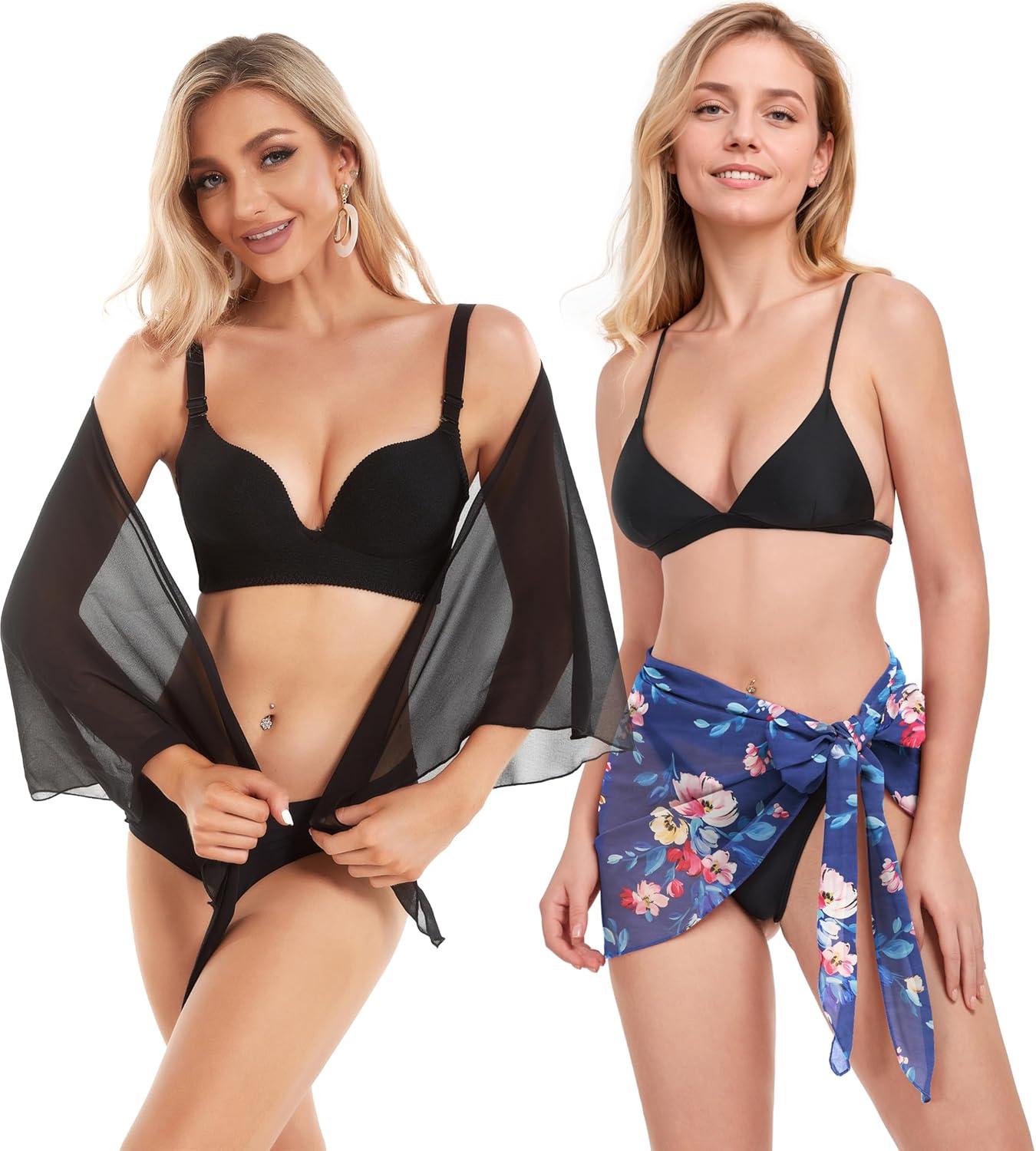 imageCHICGAL 2 Pieces Women Beach Sarong Bathing Suit Wrap Skirt Sheer Bikini Swimsuit Cover Ups for SwimwearBlack and Pink Navy Blue