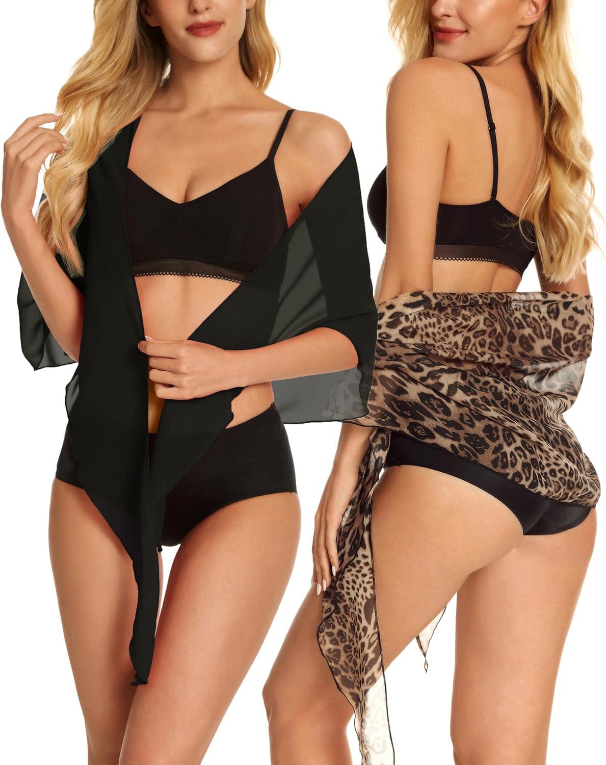 imageCHICGAL 2 Pieces Women Beach Sarong Bathing Suit Wrap Skirt Sheer Bikini Swimsuit Cover Ups for SwimwearBrown Leopard and Black