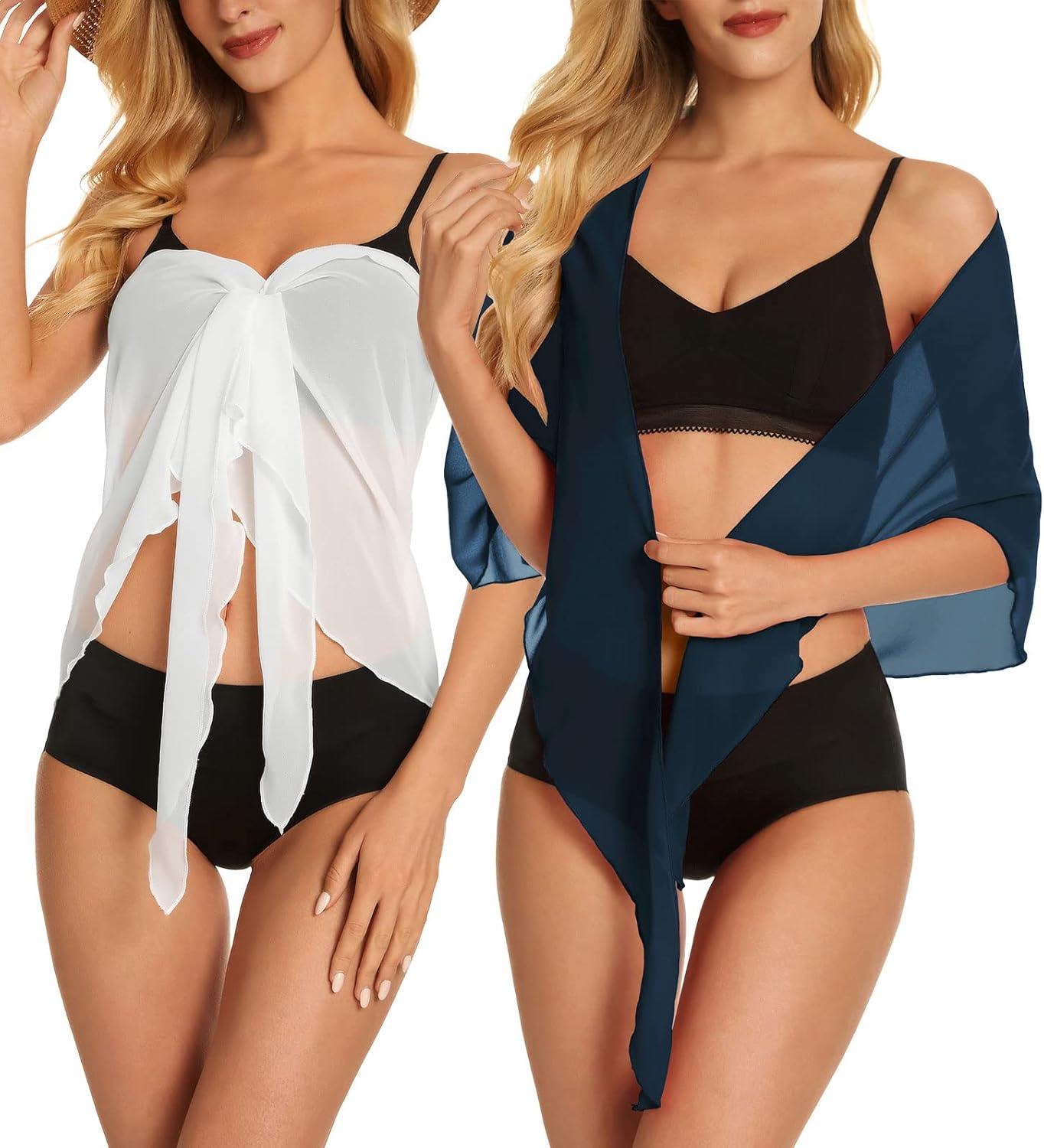 imageCHICGAL 2 Pieces Women Beach Sarong Bathing Suit Wrap Skirt Sheer Bikini Swimsuit Cover Ups for SwimwearWhite  Navy Blue