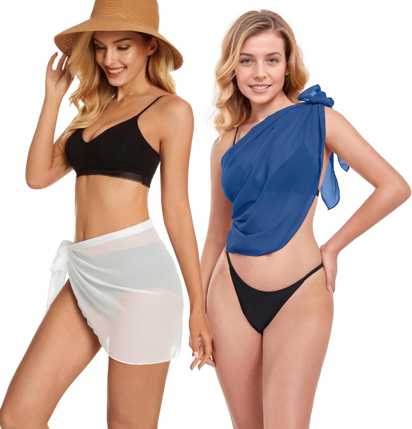 imageCHICGAL 2 Pieces Women Beach Sarong Bathing Suit Wrap Skirt Sheer Bikini Swimsuit Cover Ups for SwimwearWhite and Blue