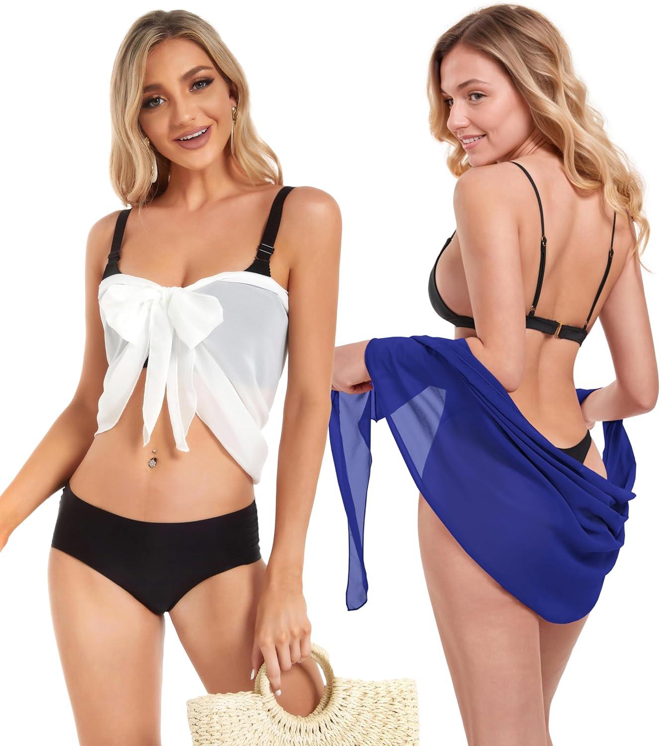 imageCHICGAL 2 Pieces Women Beach Sarong Bathing Suit Wrap Skirt Sheer Bikini Swimsuit Cover Ups for SwimwearWhite and Royal Blue