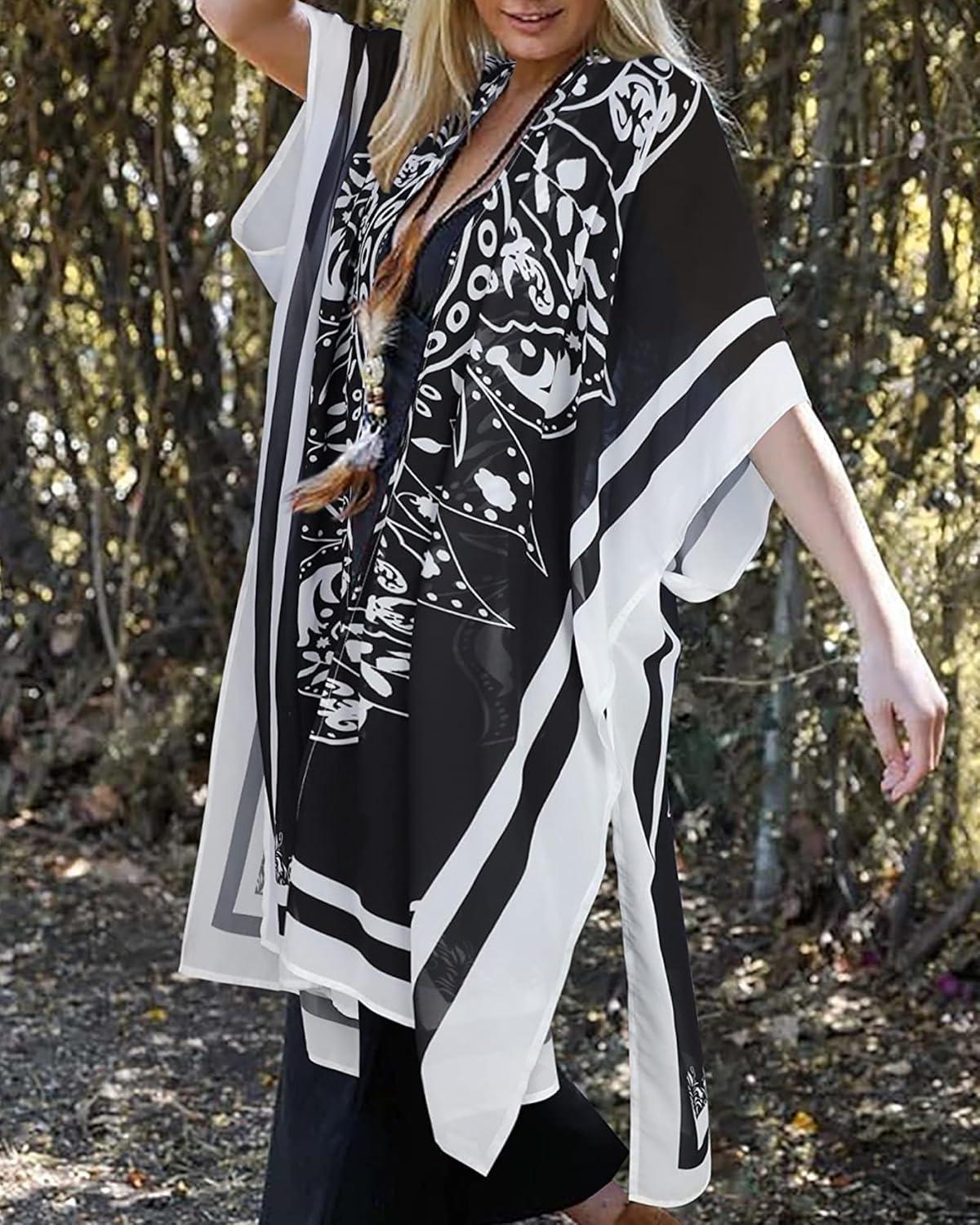 imageWomens Kimono Swimsuit Coverups Summer Beach Casual Loose Cardigans for SwimwearBlack Boho