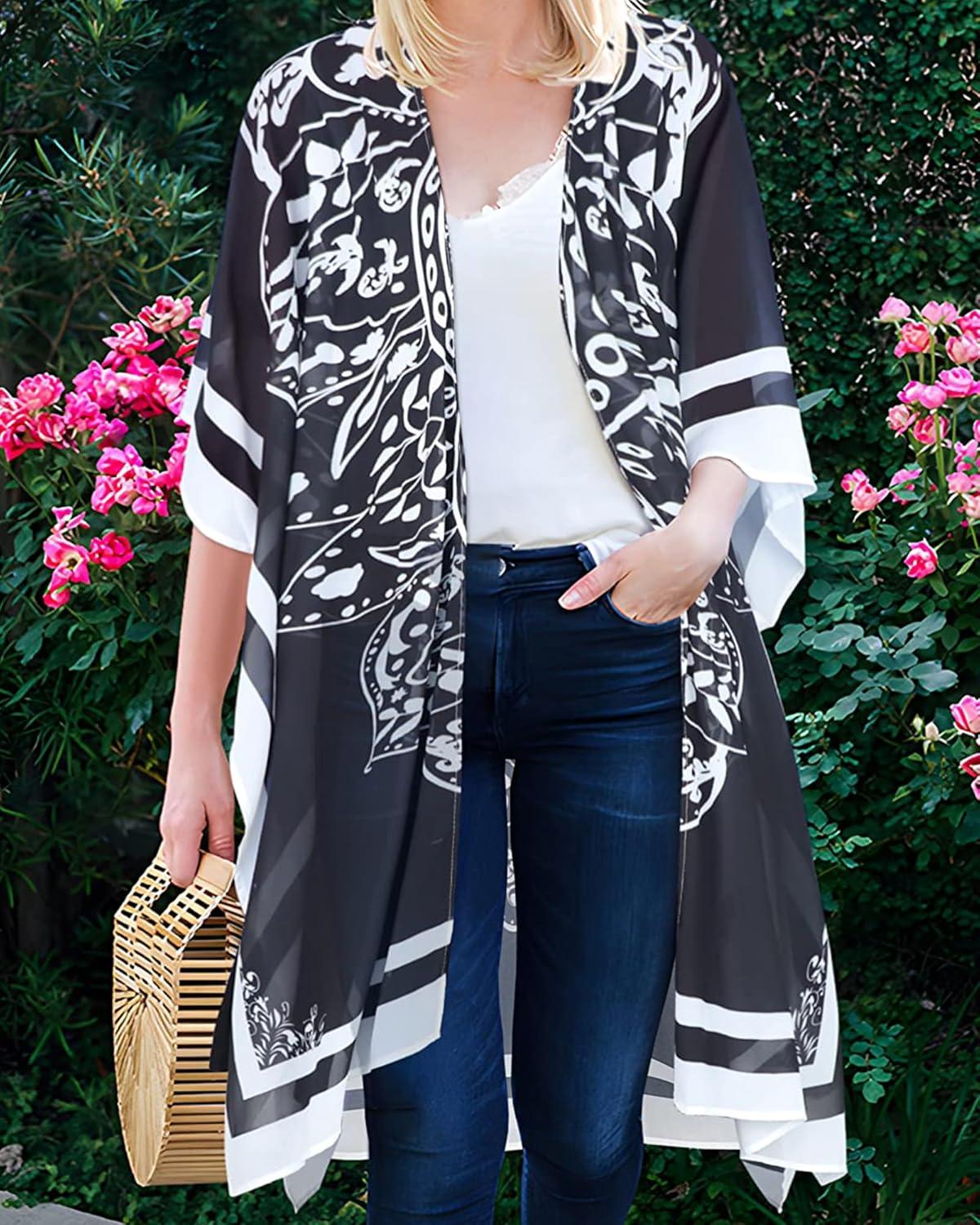imageWomens Kimono Swimsuit Coverups Summer Beach Casual Loose Cardigans for SwimwearBlack Boho