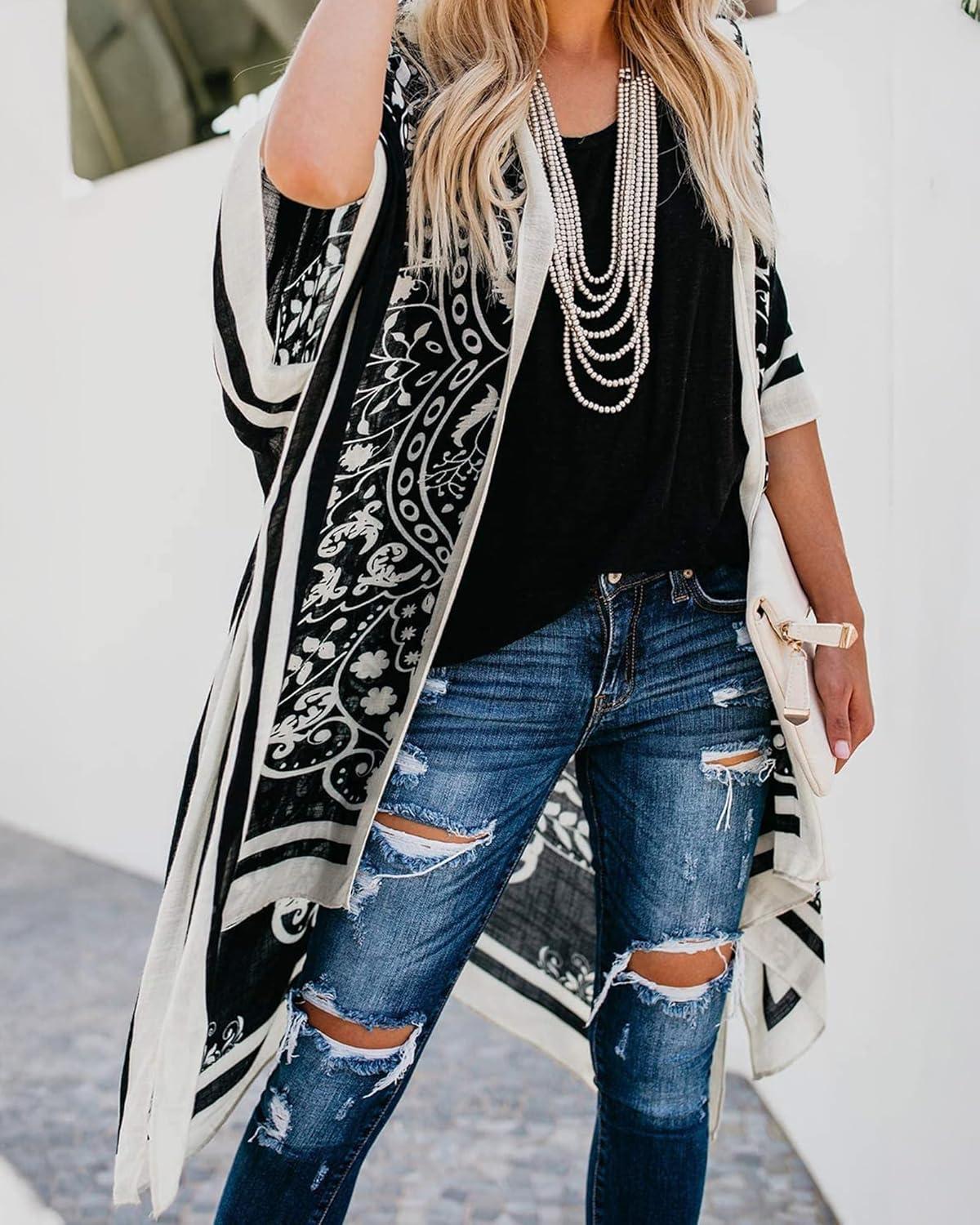 imageWomens Kimono Swimsuit Coverups Summer Beach Casual Loose Cardigans for SwimwearBlack Boho