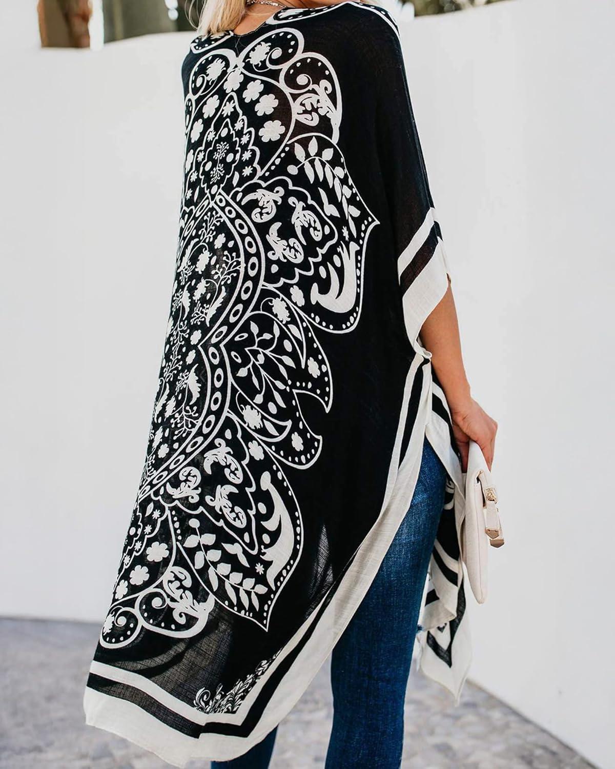 imageWomens Kimono Swimsuit Coverups Summer Beach Casual Loose Cardigans for SwimwearBlack Boho