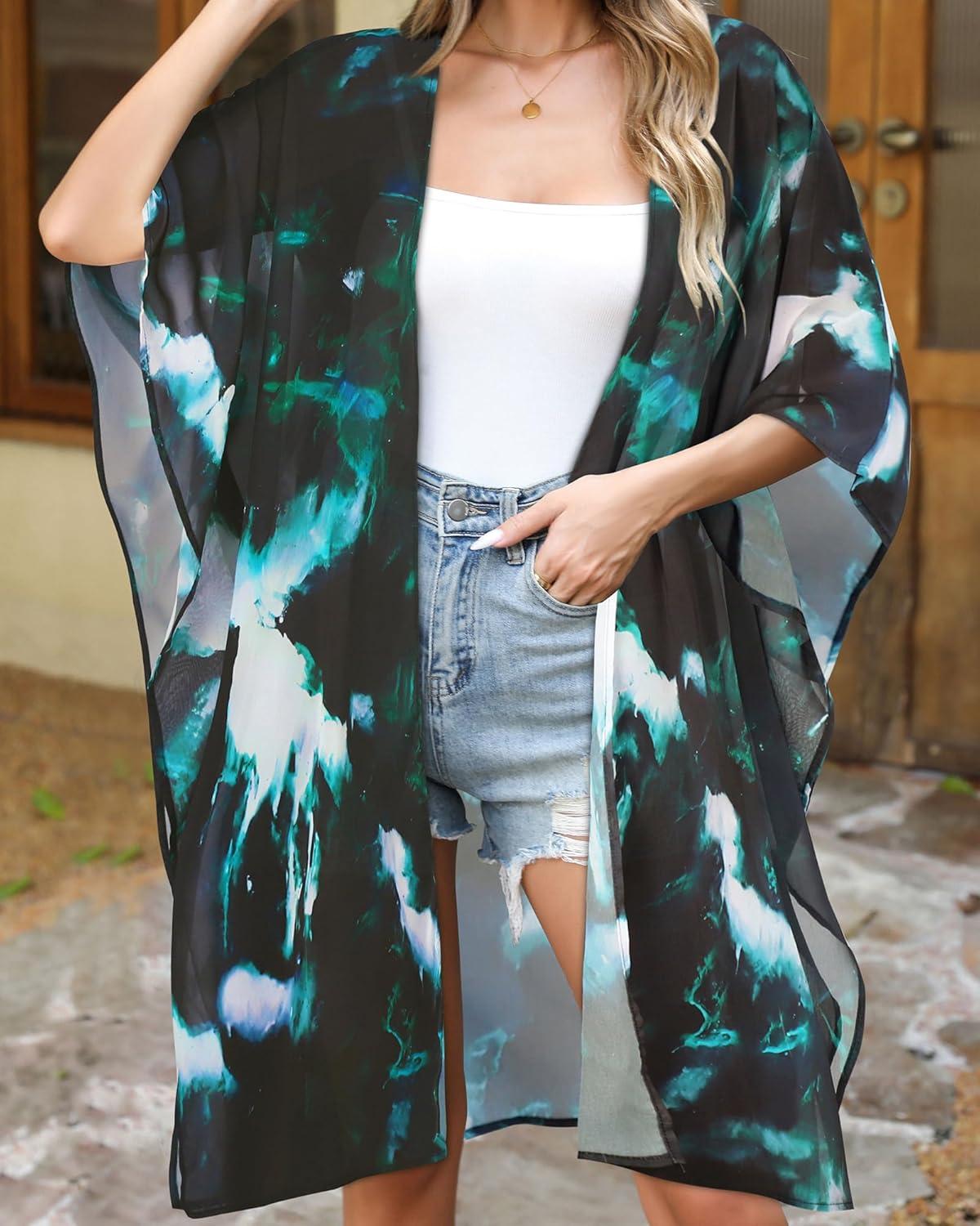 imageWomens Kimono Swimsuit Coverups Summer Beach Casual Loose Cardigans for SwimwearBlack Green White