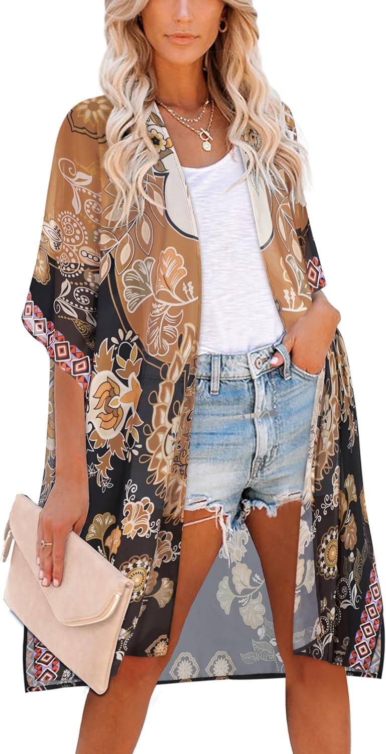 imageWomens Kimono Swimsuit Coverups Summer Beach Casual Loose Cardigans for SwimwearBlack Khaki Ethnic