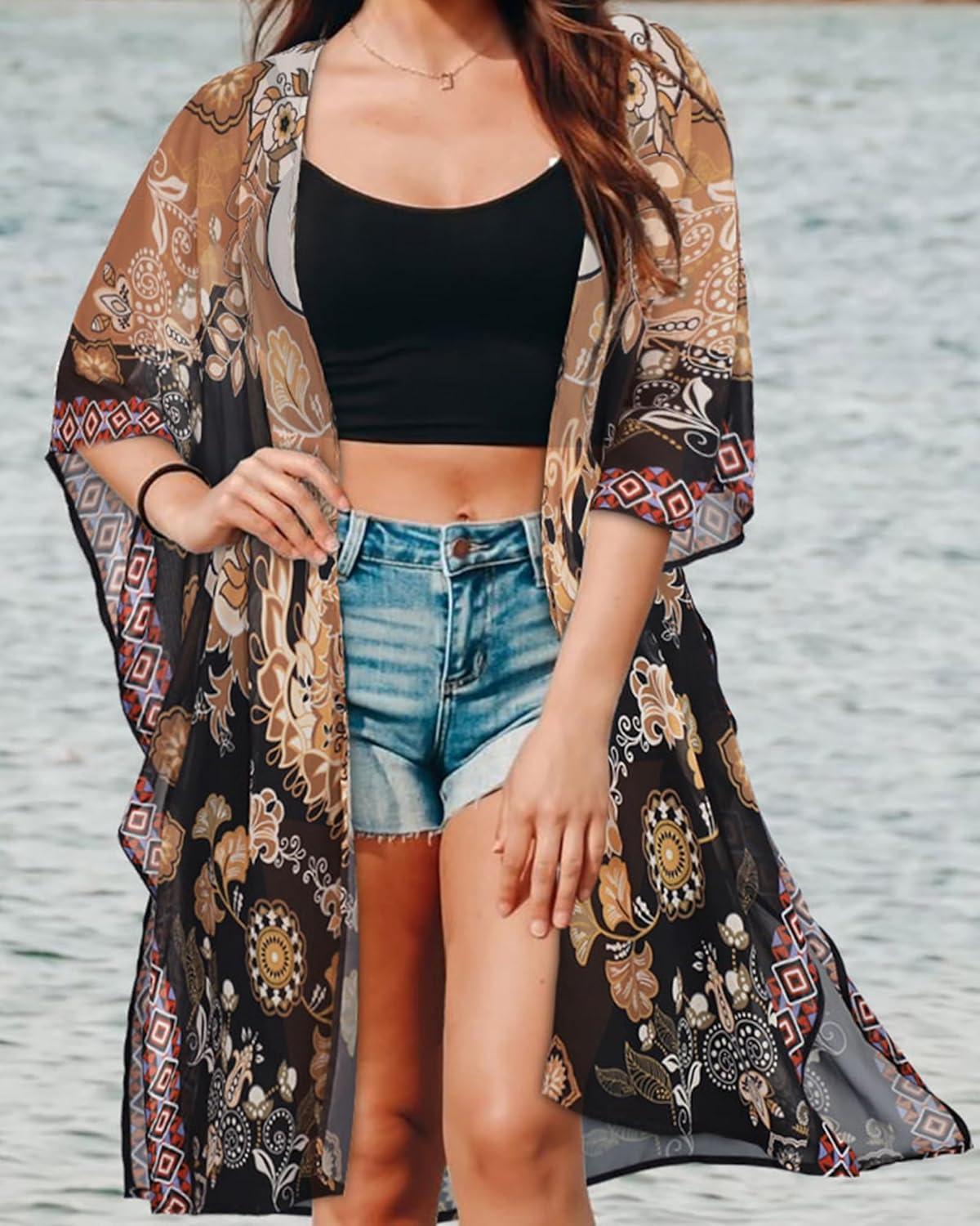 imageWomens Kimono Swimsuit Coverups Summer Beach Casual Loose Cardigans for SwimwearBlack Khaki Ethnic