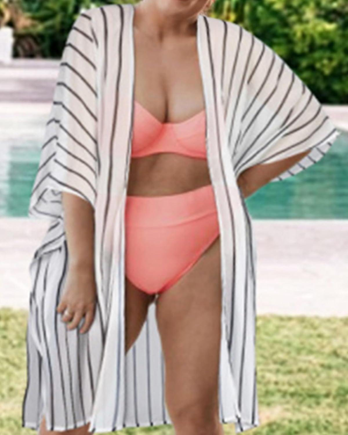 imageWomens Kimono Swimsuit Coverups Summer Beach Casual Loose Cardigans for SwimwearBlack and White Stripe