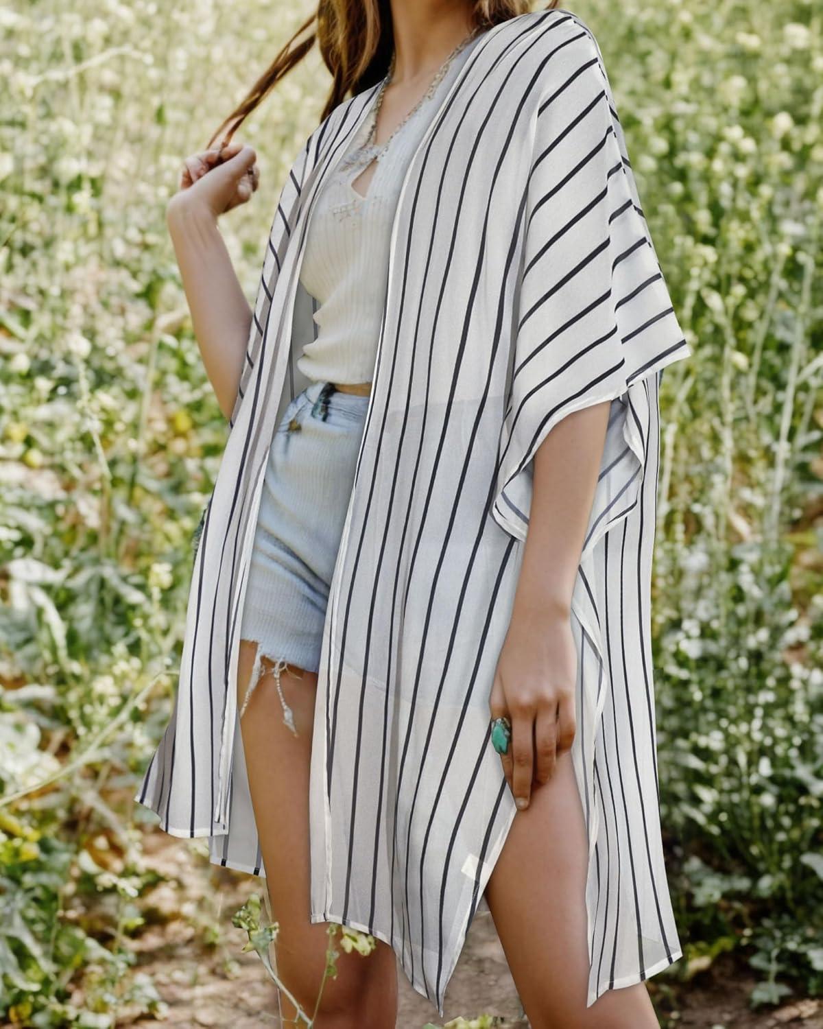 imageWomens Kimono Swimsuit Coverups Summer Beach Casual Loose Cardigans for SwimwearBlack and White Stripe