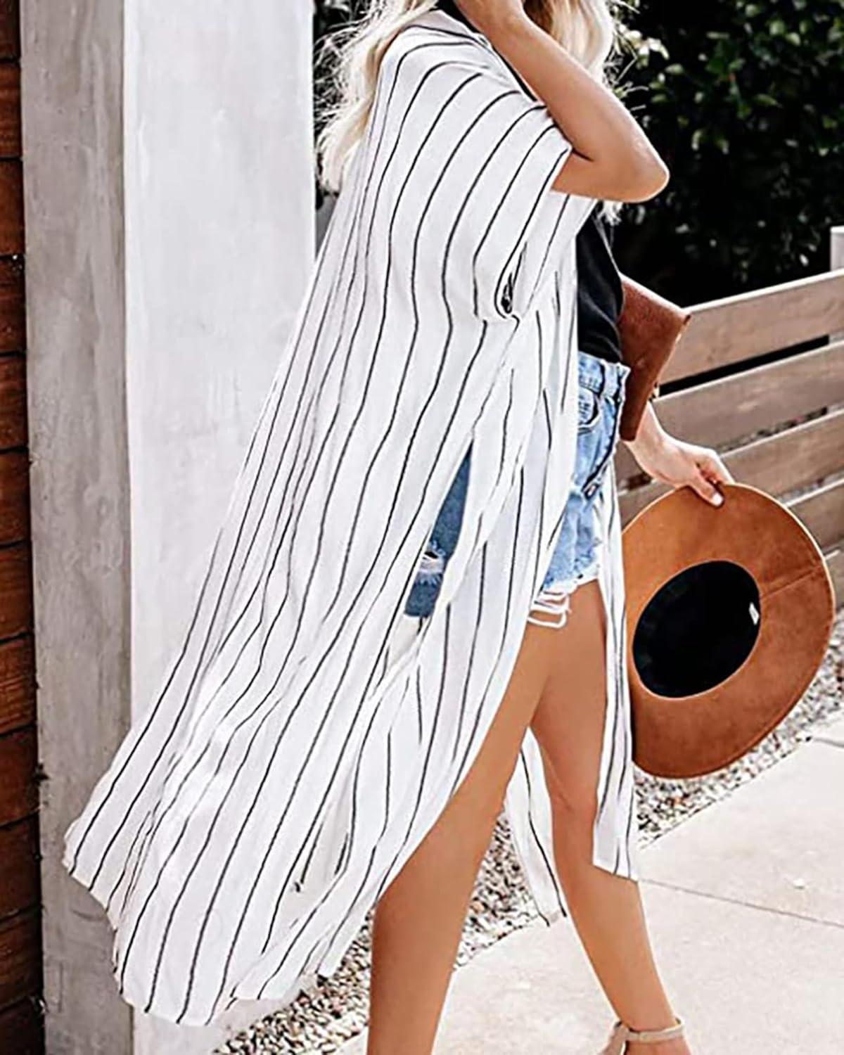 imageWomens Kimono Swimsuit Coverups Summer Beach Casual Loose Cardigans for SwimwearBlack and White Stripe