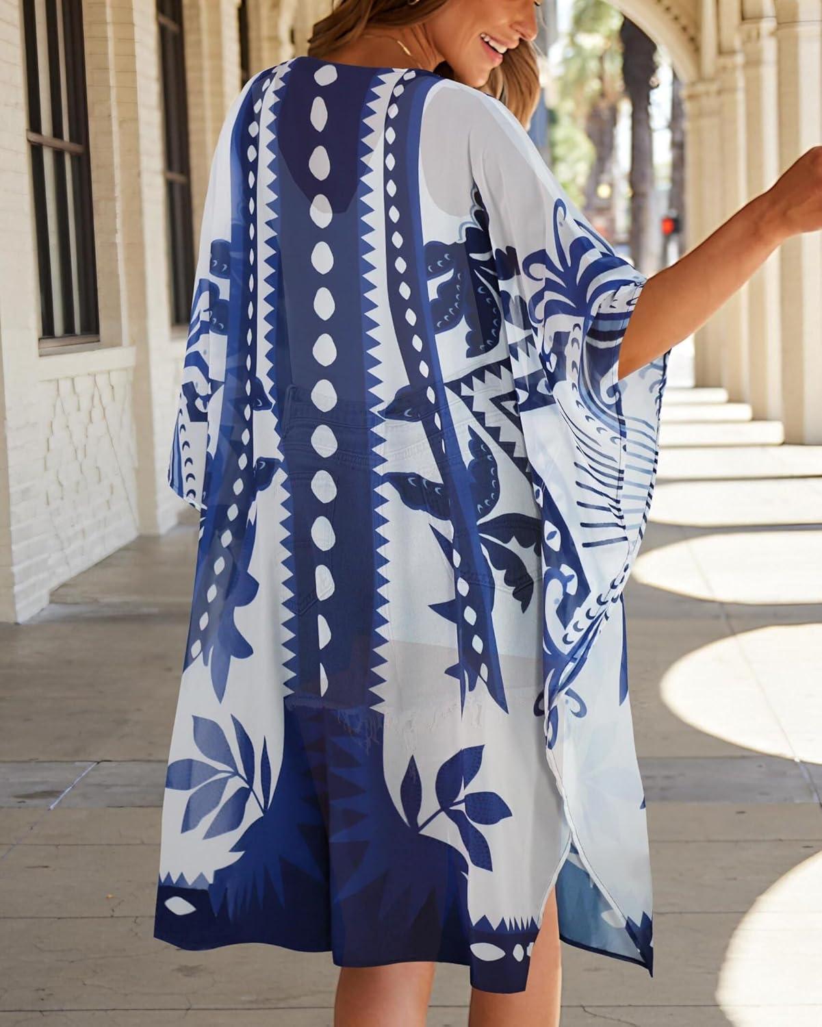 imageWomens Kimono Swimsuit Coverups Summer Beach Casual Loose Cardigans for SwimwearBlue Boho Pattern
