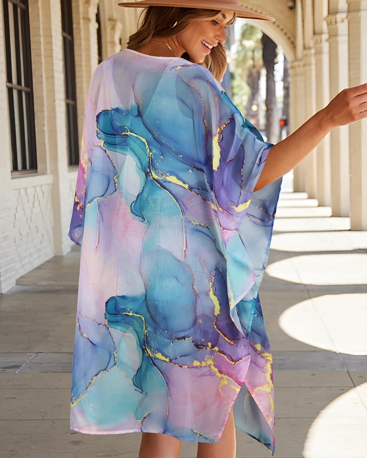 imageWomens Kimono Swimsuit Coverups Summer Beach Casual Loose Cardigans for SwimwearBlue Purple Smudge