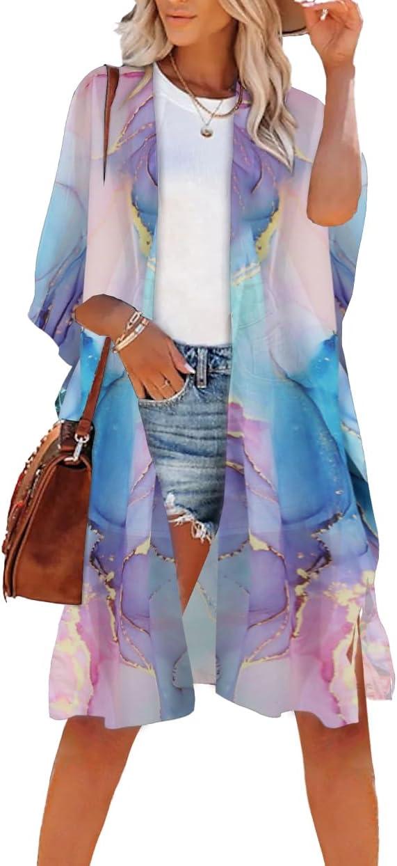 imageWomens Kimono Swimsuit Coverups Summer Beach Casual Loose Cardigans for SwimwearBlue Purple Smudge