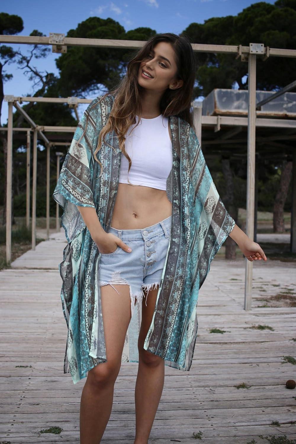 imageWomens Kimono Swimsuit Coverups Summer Beach Casual Loose Cardigans for SwimwearBlue Stripe Ethnic Print
