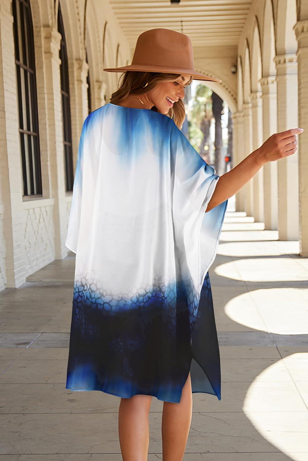 imageWomens Kimono Swimsuit Coverups Summer Beach Casual Loose Cardigans for SwimwearBlue Tiedye