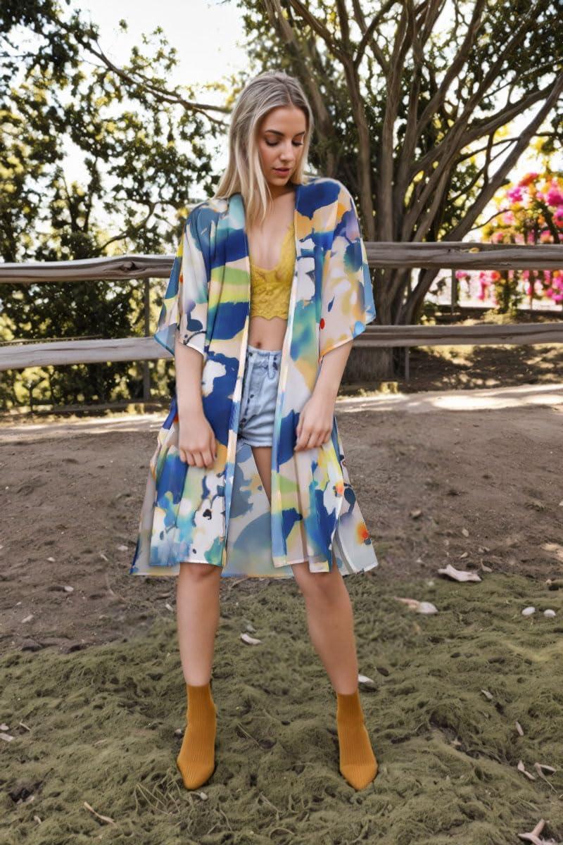 imageWomens Kimono Swimsuit Coverups Summer Beach Casual Loose Cardigans for SwimwearBlue Yellow Flower
