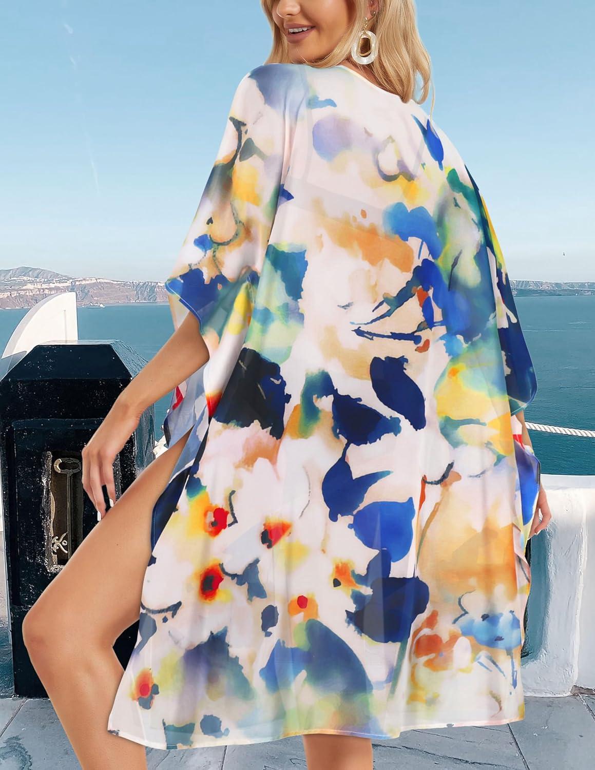 imageWomens Kimono Swimsuit Coverups Summer Beach Casual Loose Cardigans for SwimwearBlue Yellow Flower