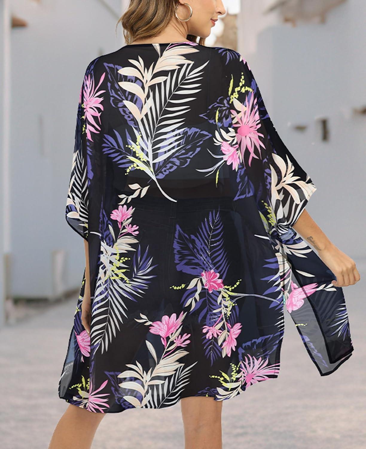 imageWomens Kimono Swimsuit Coverups Summer Beach Casual Loose Cardigans for SwimwearBoho Pink Purple Floral