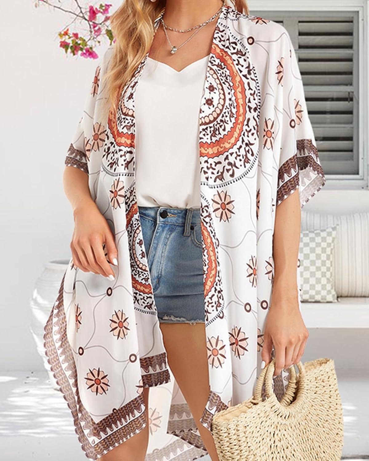 imageWomens Kimono Swimsuit Coverups Summer Beach Casual Loose Cardigans for SwimwearBoho White and Khaki