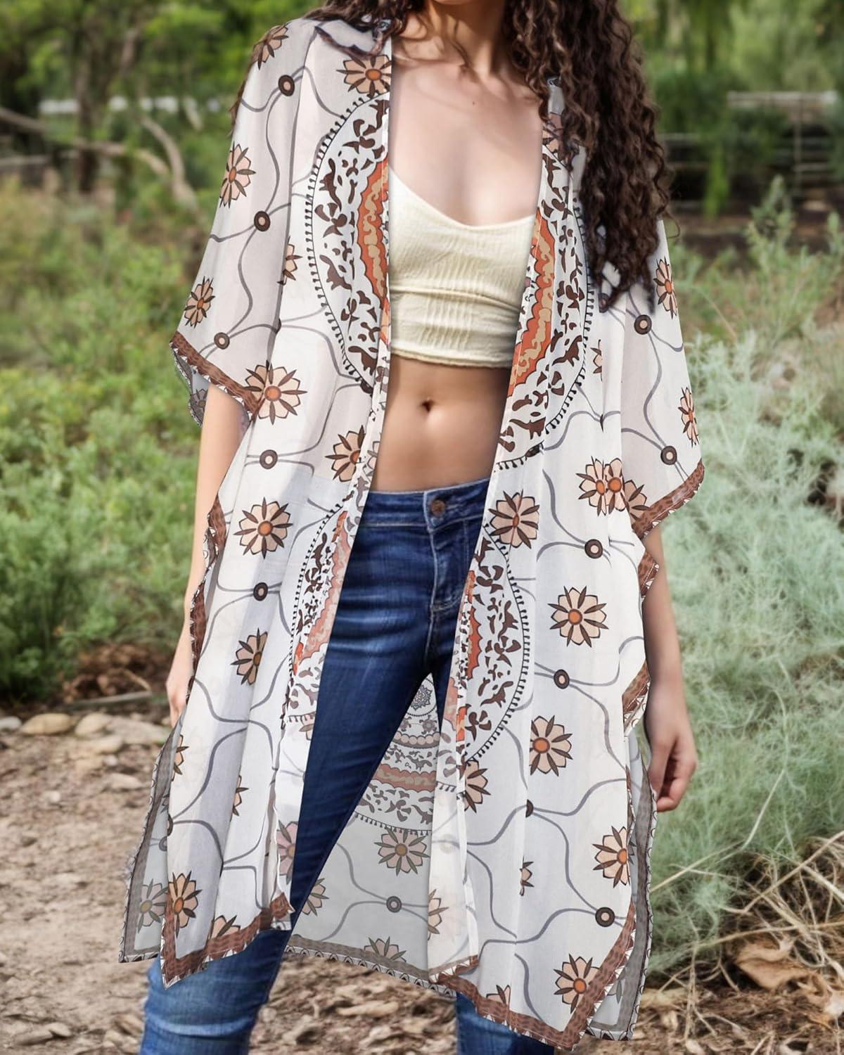 imageWomens Kimono Swimsuit Coverups Summer Beach Casual Loose Cardigans for SwimwearBoho White and Khaki