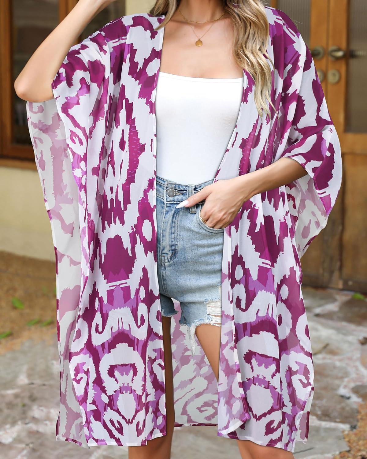 imageWomens Kimono Swimsuit Coverups Summer Beach Casual Loose Cardigans for SwimwearChic Purple