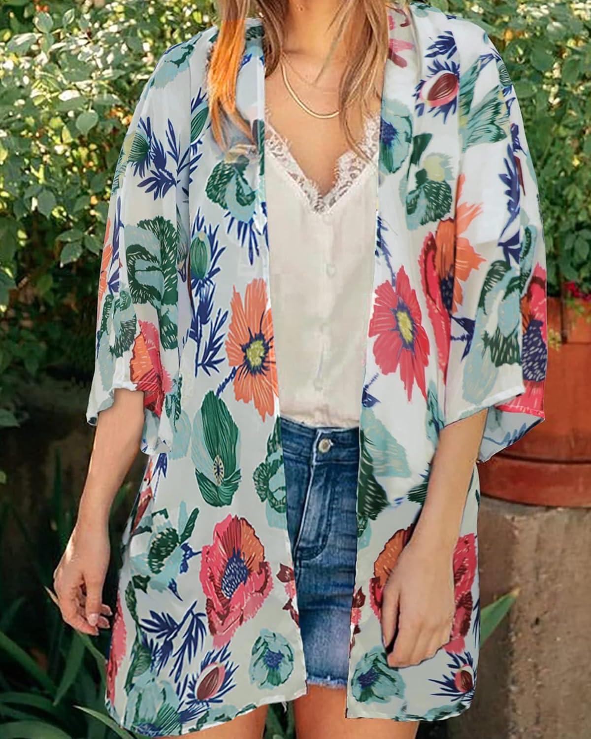 imageWomens Kimono Swimsuit Coverups Summer Beach Casual Loose Cardigans for SwimwearDasiy White Flower