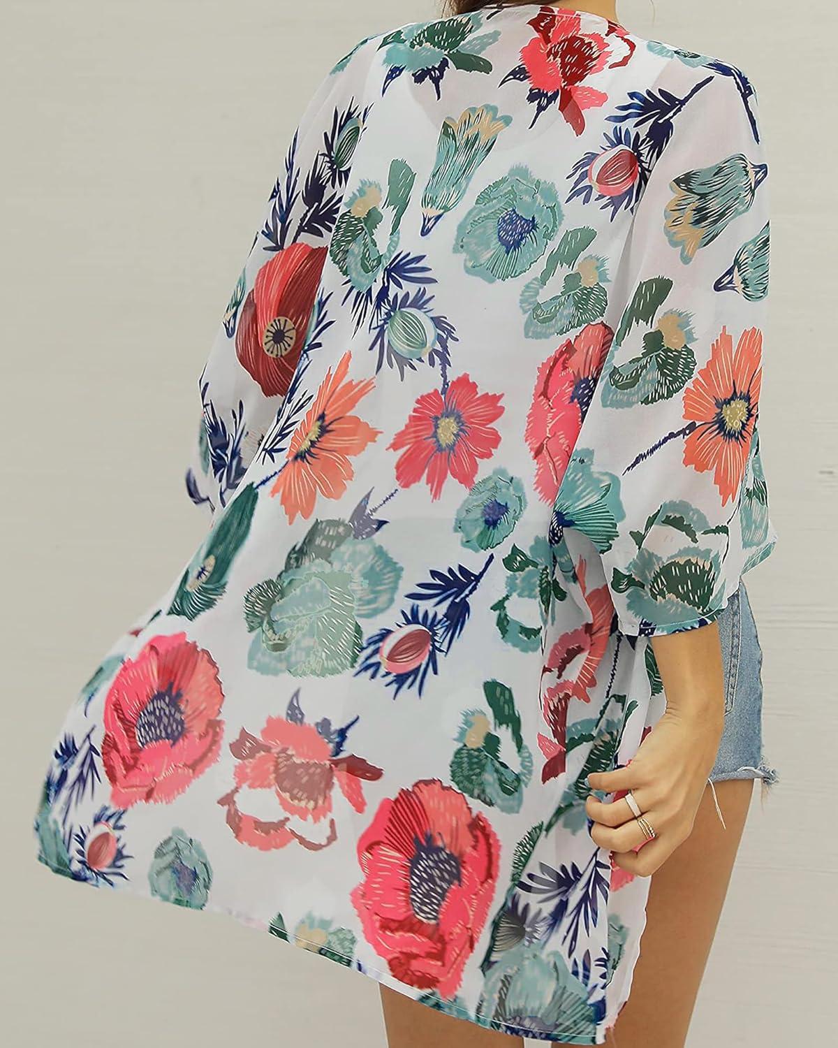 imageWomens Kimono Swimsuit Coverups Summer Beach Casual Loose Cardigans for SwimwearDasiy White Flower