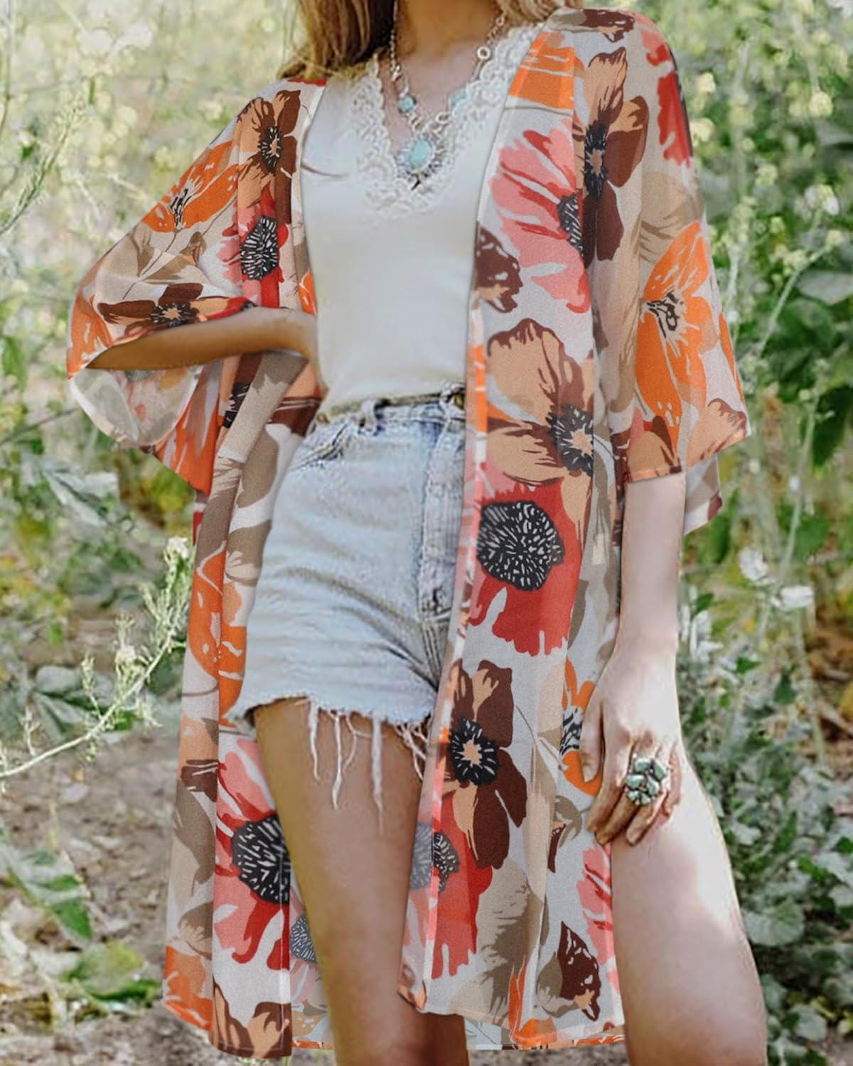 imageWomens Kimono Swimsuit Coverups Summer Beach Casual Loose Cardigans for SwimwearFlower Apricot