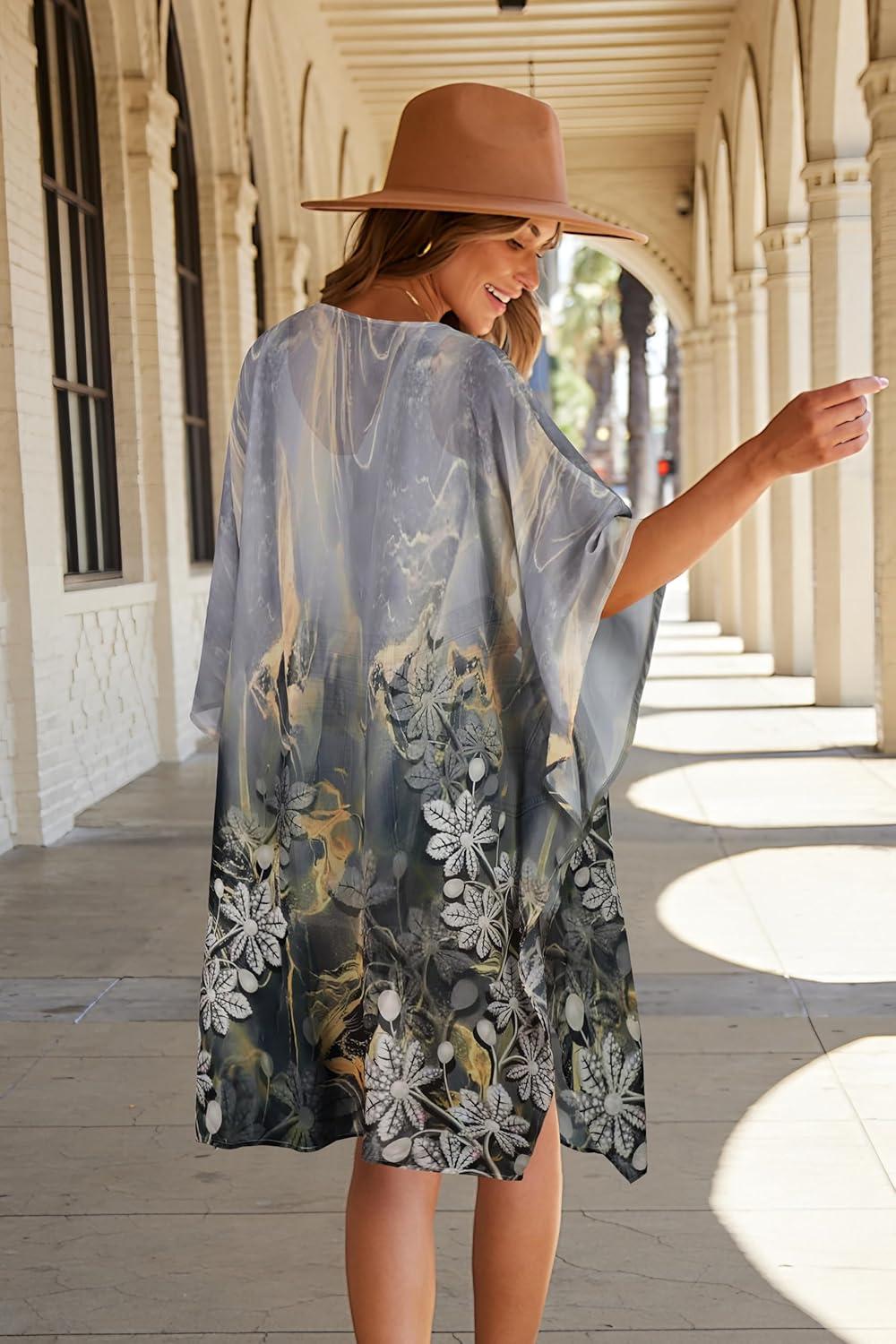 imageWomens Kimono Swimsuit Coverups Summer Beach Casual Loose Cardigans for SwimwearGrey Floral White